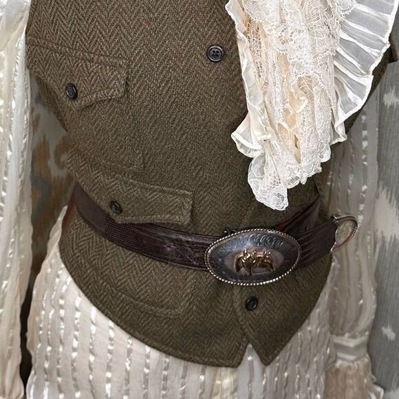 Ralph Lauren Olive Herringbone and Leather Gilet Waistcoat Vest - Picture 9 of 16